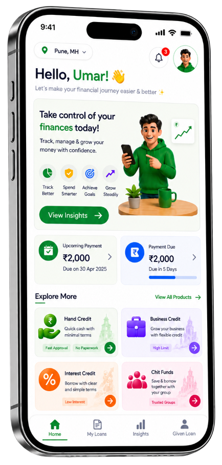 Hand Credit mobile app showing loan portfolio, EMI overview and borrower trust score